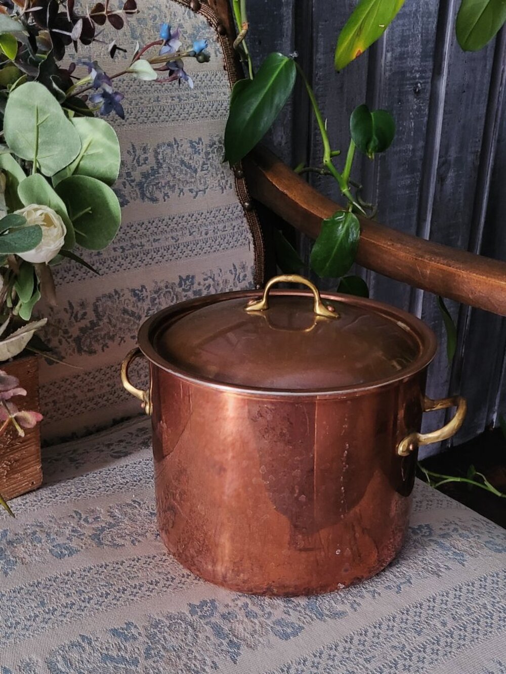 Vintage Copral Portugal Copper Stockpot Brass Handles Pot Lidded Decor Only